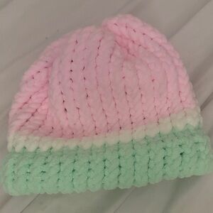 Pink and Mint Kids Beanie Hand Knitted